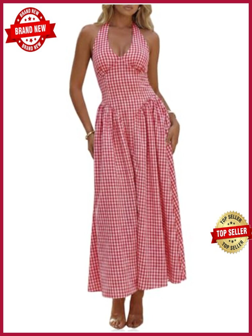 Women's Halter V-Neck Corset Maxi Dress Summer Plaid Smocked A-Line